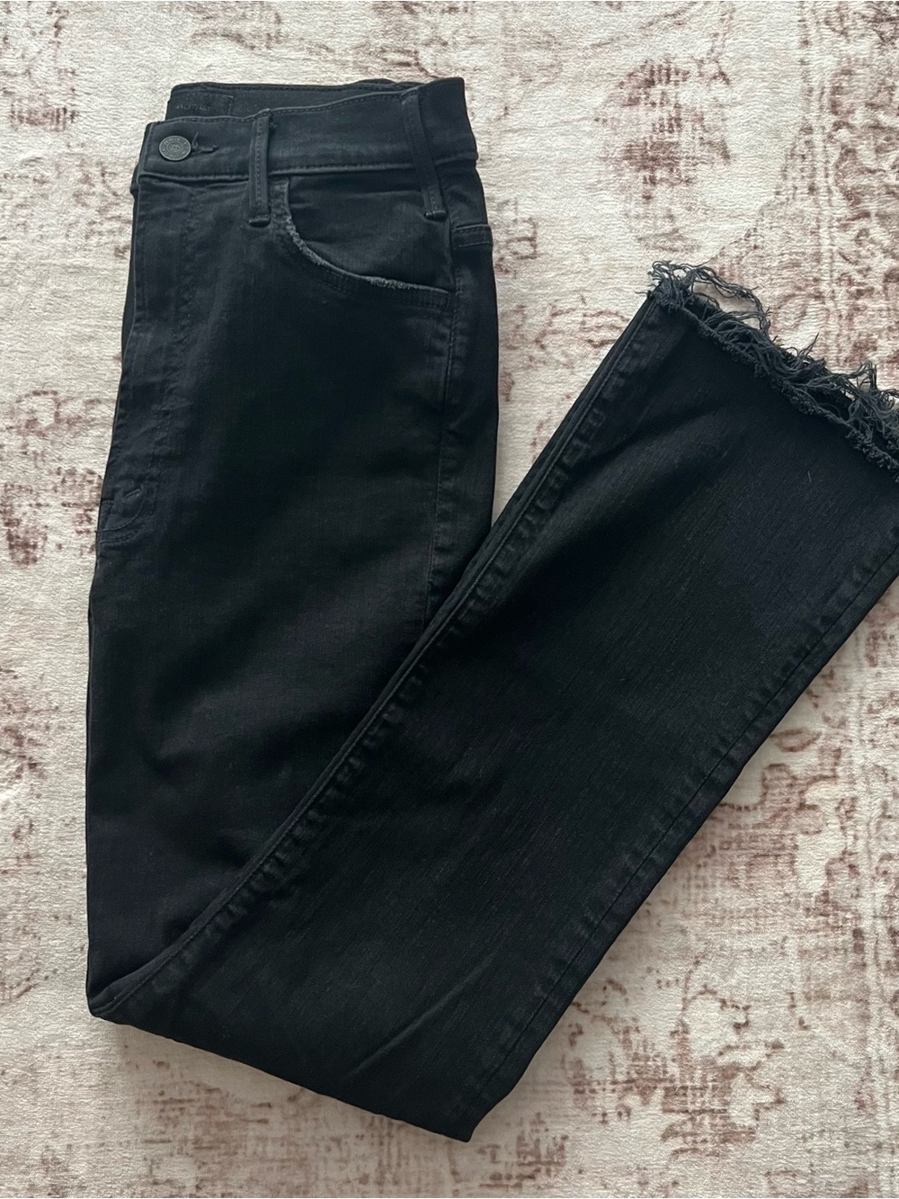 MOTHER Black High-Rise Ankle Jeans with Frayed Hem
